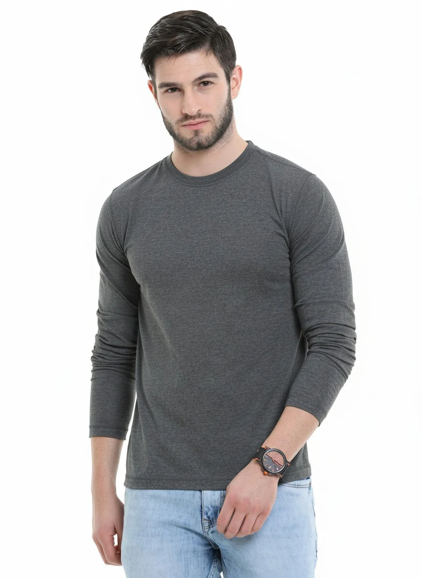 Men’s Cotton Rich Long Sleeve Round Neck T-Shirt 2 Pcs Pack– Soft, Breathable & Comfortable Everyday Wear(Charcoal Melange,Grey Melange) - Image 3
